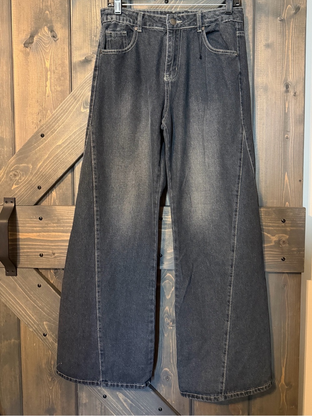 Women's Dark Wash Jeans Wide Flare Leg with Diagonal Seam Detail Size 9